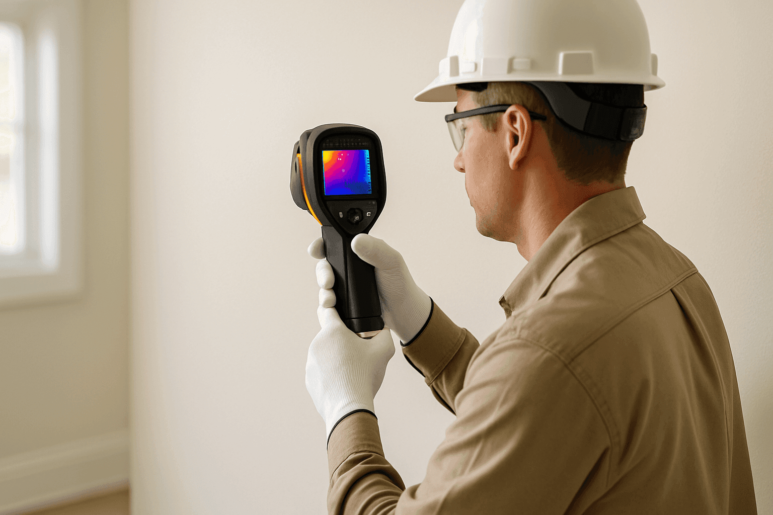 Technician using infrared camera on a home wall to detect moisture