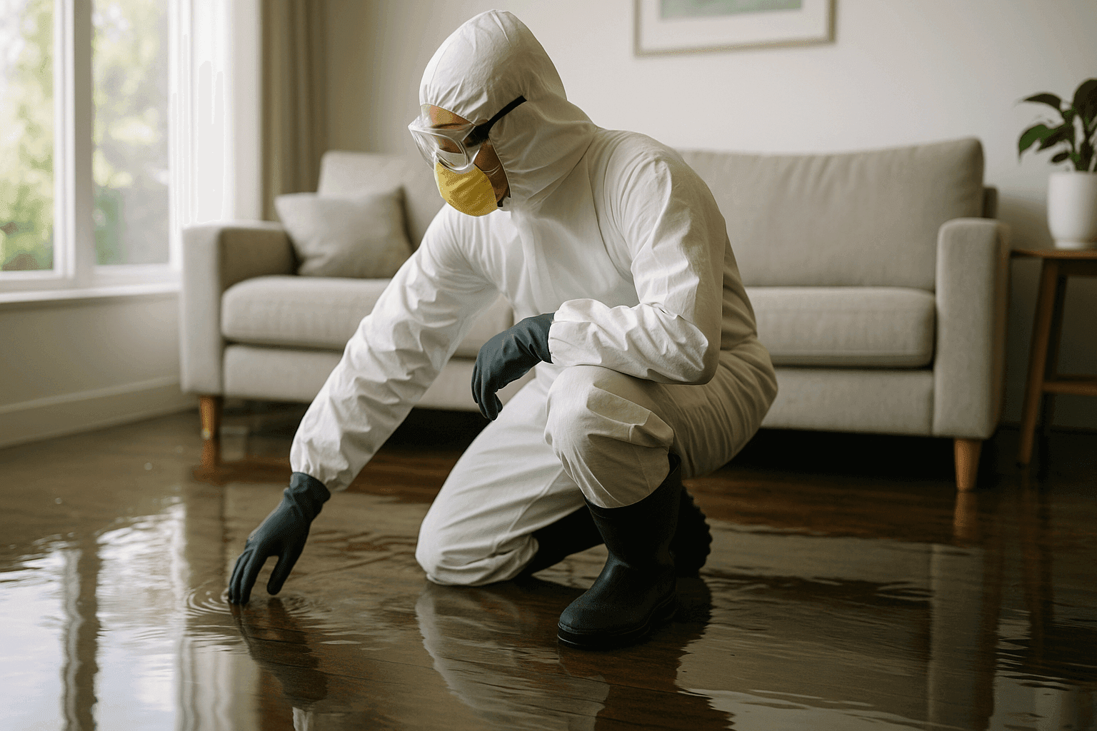 Technician assessing water damage in a flooded living room with safety gear