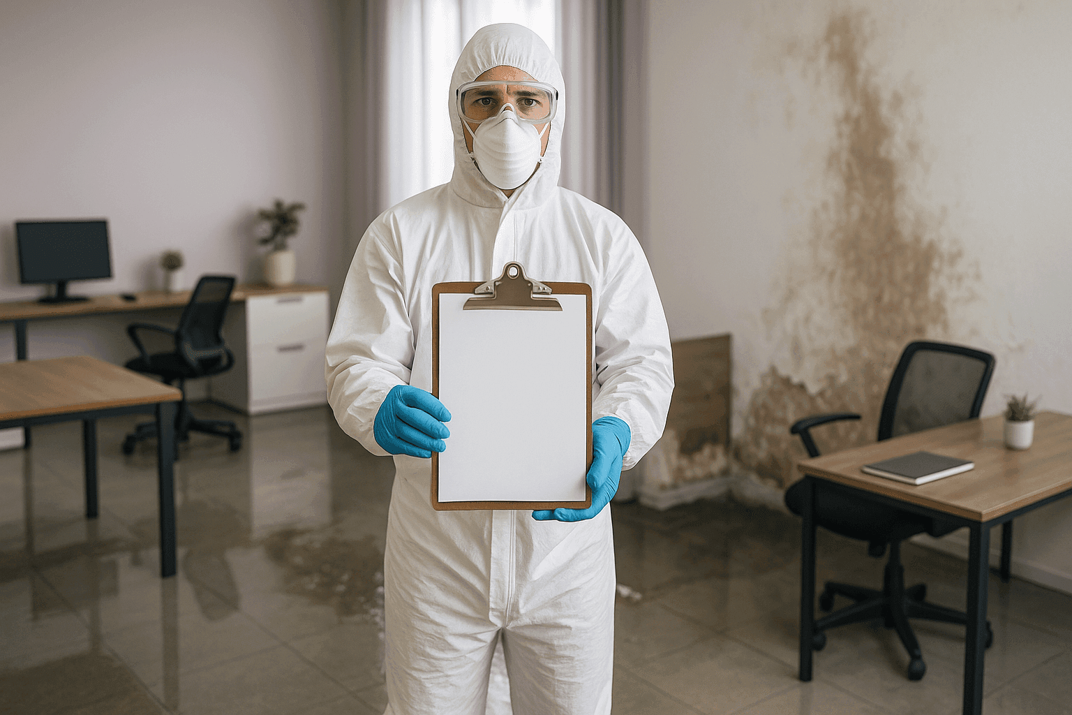 Water damage technician showing cost estimate on clipboard in flood-damaged office